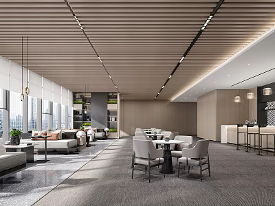 Modern Lounge Area Interior Design With Wooden Ceiling Comfortable Sofas Tables Bar Counter And Windows 3d model