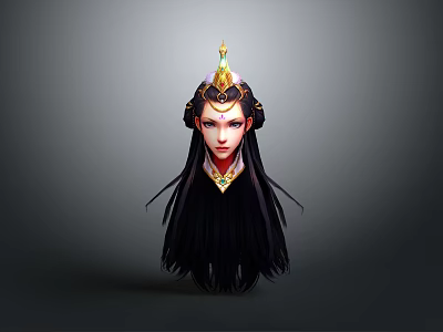 Game and Movie Character Featuring Long Black Hair Golden Headdress and Necklace in Fantasy Style 3d model