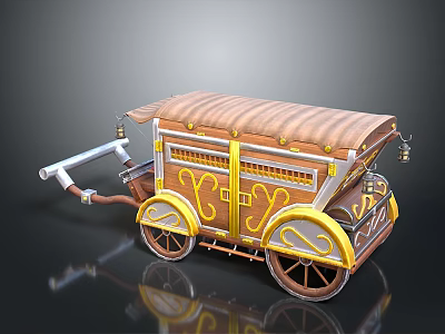 Vintage Decorative Carriage With Brown Roof Yellow Accents And Wooden Wheels 3d model