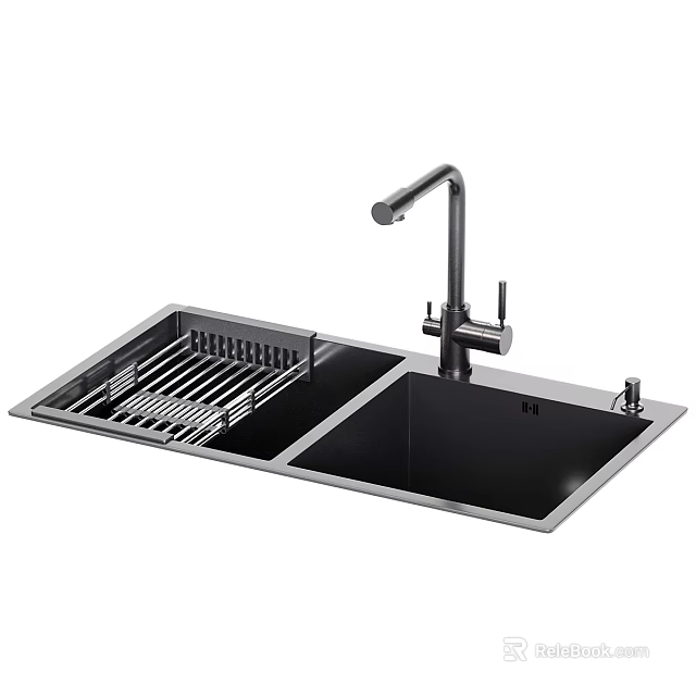 Modern Stainless Steel Kitchen Sink With Double Bowl Dish Rack And Faucet 3d model 
