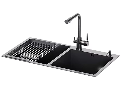 Modern Stainless Steel Kitchen Sink With Double Bowl Dish Rack And Faucet 3d model
