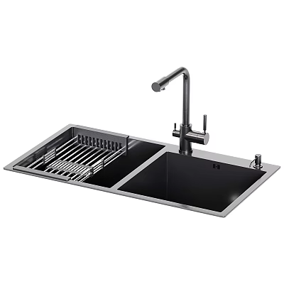 Modern Stainless Steel Kitchen Sink With Double Bowl Dish Rack And Faucet 3d model