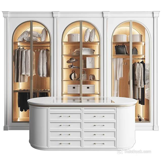 Modern Closet Storage Cabinet With Glass Doors Built-in Lighting And Clothing Racks 3d model 