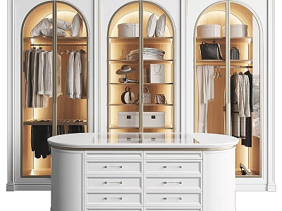 Modern Closet Storage Cabinet With Glass Doors Built-in Lighting And Clothing Racks 3d model