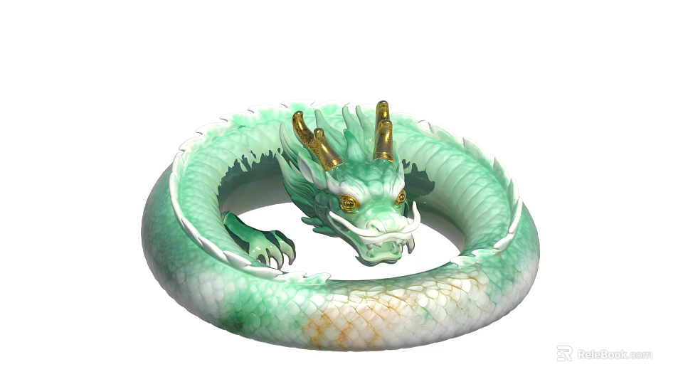 Green Dragon Decorative Ornament Set with Jade-like Texture and Gold Horn Accents for Home Decor 3d model 