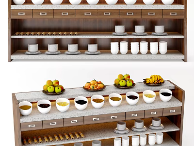 Wooden Display Cabinet With Shelves Drawers Cups Fruits Bowls And Condiments 3d model
