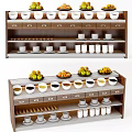 Wooden Display Cabinet With Shelves Drawers Cups Fruits Bowls And Condiments
