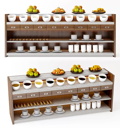Wooden Display Cabinet With Shelves Drawers Cups Fruits Bowls And Condiments 3d model