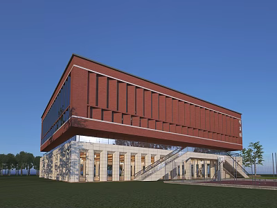 Modern Red Brick School Building With Stone Base Large Windows And Green Lawn 3d model