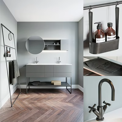 Modern Bathroom Vanity with Gray Cabinet Double Faucets Round Mirror Towel Rack and Wooden Floor 3d model