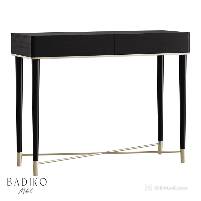 Black Dining Table with Two Drawers Black Legs Golden Cross Support And Golden Feet 3d model 