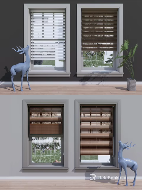 Gray Walls Interior Featuring Window Blinds Deer Statue Green Plants And Wooden Floor 3d model 