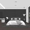 Modern Minimalist Bedroom Interior Design With Wave Patterned Wall Bed Dressing Table And Pendant Light