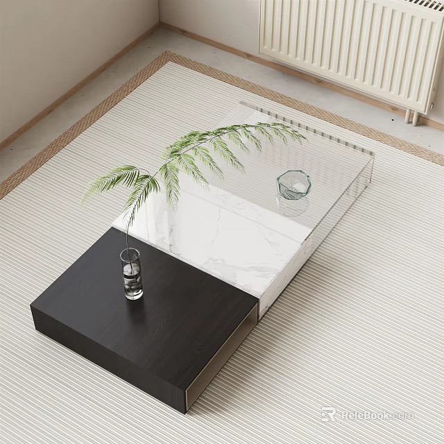 Modern Coffee Table With Black Base Transparent Glass Top Green Plant And Glass Vase 3d model 