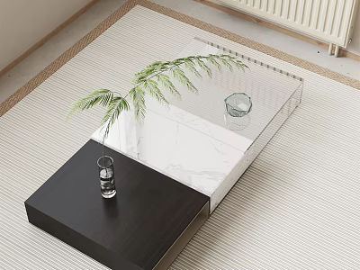 Modern Coffee Table With Black Base Transparent Glass Top Green Plant And Glass Vase 3d model