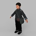Man in Traditional Chinese Dark Gray Jacket with Crossbody Bag Standing Pose against Gray Background