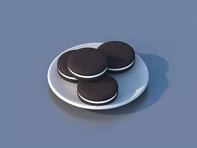 Delicious Dark Chocolate Cookies Filled With White Cream On A White Plate 3d model