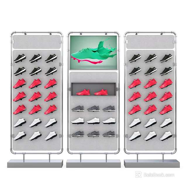 Modern Shoe Store Featuring Display Shelves With Various Colored Shoes And Central Green Highlight 3d model 