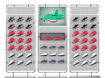 Modern Shoe Store Featuring Display Shelves With Various Colored Shoes And Central Green Highlight 3d model