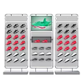 Modern Shoe Store Featuring Display Shelves With Various Colored Shoes And Central Green Highlight