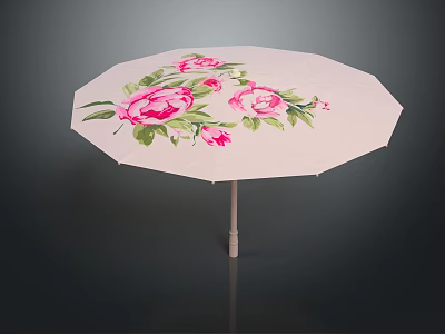 Light Colored Umbrella With Vibrant Pink Flowers And Green Leaves Pattern 3d model