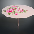 Light Colored Umbrella With Vibrant Pink Flowers And Green Leaves Pattern