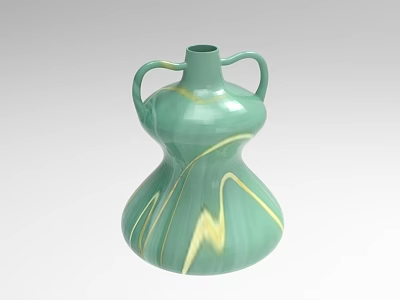 Green Ceramic Vase With Two Handles And Yellow Swirl Patterns 3d model