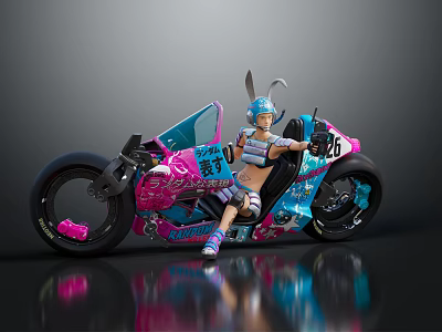 Vibrant Blue Pink Cartoon Motorcycle Featuring Rabbit Ear Doll Yasui Character 26 3d model