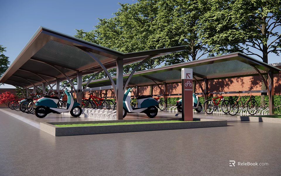 Outdoor Charging Station Facility With Covered Shelter Parked Electric Vehicles And Bicycles 3d model 