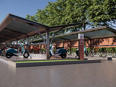 Outdoor Charging Station Facility With Covered Shelter Parked Electric Vehicles And Bicycles 3d model