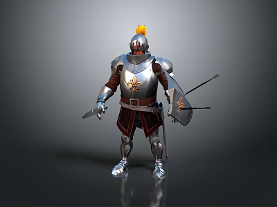 Medieval Knight In Full Armor Standing With Shield Sword And Golden Crest 3d model