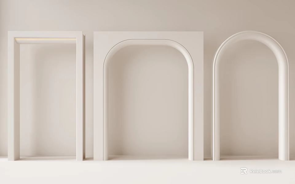 Minimalist White Stool With Arched And Rectangular Frames Against Light Wall Background 3d model 