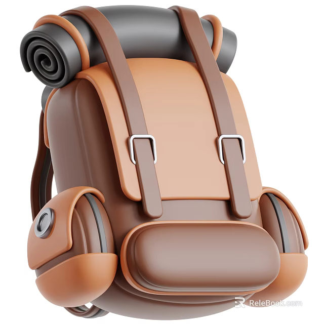 Brown And Orange Backpack With Rolled Top Mat Metal Buckles Side Pockets Bottom Compartment 3d model 