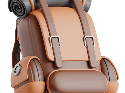 Brown And Orange Backpack With Rolled Top Mat Metal Buckles Side Pockets Bottom Compartment 3d model