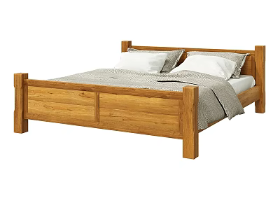 Simple Solid Wood Double Bed Frame With White Pillows And Blanket 3d model