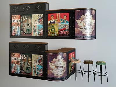 Artistic Reception Desk Featuring Folk Festival Posters Guitar Art And Stools 3d model