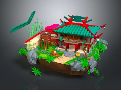 Cartoon Style Chinese Traditional Building Scene with Green Roof Red Decorations Bamboo Rocks and Plants 3d model