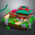 Cartoon Style Chinese Traditional Building Scene with Green Roof Red Decorations Bamboo Rocks and Plants