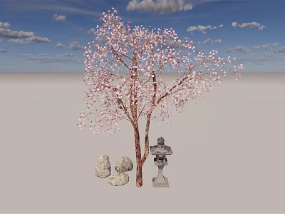 Cherry Blossom Tree With Pink Flowers Stones And Statue Under Blue Sky And White Clouds 3d model