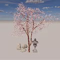 Cherry Blossom Tree With Pink Flowers Stones And Statue Under Blue Sky And White Clouds
