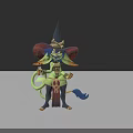 Green Mythical Creature Character With Skull Wizard Hat Blue Hair Tail And Bell