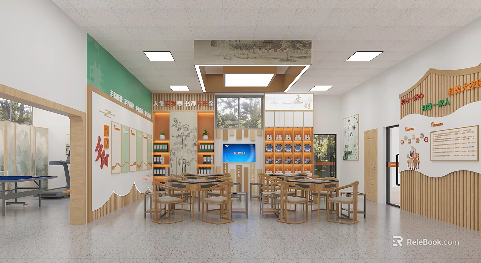 Traditional Cultural Activity Room Interior With Wooden Tables Bookshelves And Digital Screen 3d model 