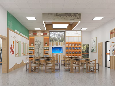Traditional Cultural Activity Room Interior With Wooden Tables Bookshelves And Digital Screen 3d model