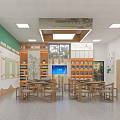 Traditional Cultural Activity Room Interior With Wooden Tables Bookshelves And Digital Screen