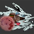 Cartoon Style Red Pagoda Tower With Pink Umbrella On Blue Wave Base
