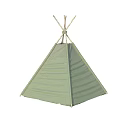 Green Tipi Tent With Wooden Poles Open Doorway And Cushioned Interior