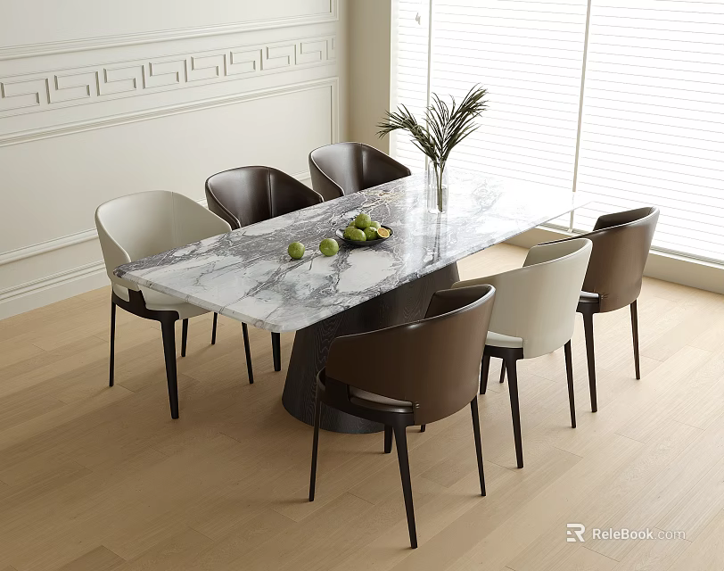 Marble Tabletop Dining Table With Brown White Chairs And Wooden Floor Interior 3d model 