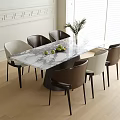 Marble Tabletop Dining Table With Brown White Chairs And Wooden Floor Interior
