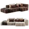 Modern Beige Sectional Sofa With Plush Brown Pillows And Soft Blanket 3d model