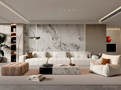 Modern Living Room Interior With Marble Accent Wall White Sofa Coffee Table And Beige Armchair 3d model